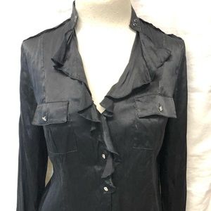 Silk Ruffle Button Down Military Style Top